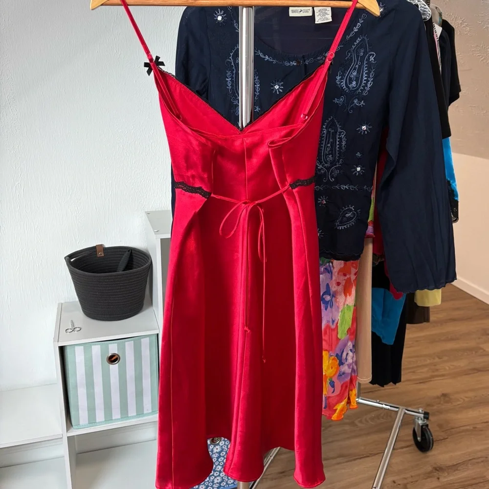 vtg California Dynasty red satin slip dress with lacey trim size large